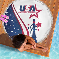 Round USA beach blanket with navy stars, red stripes, Eiffel Tower and star accents, fringed