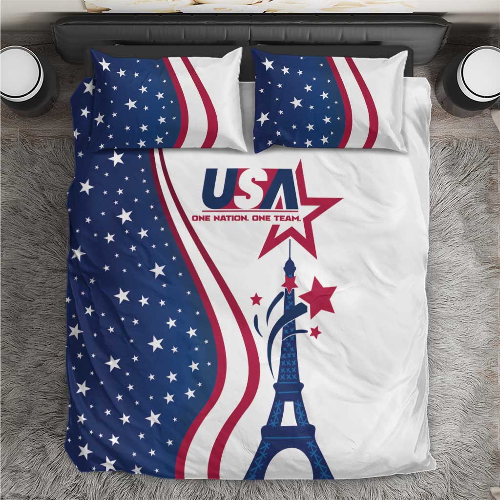Top view of USA-themed duvet and pillow set with Eiffel Tower graphic and star-striped stars