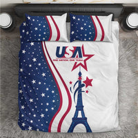 Top view of USA-themed duvet and pillow set with Eiffel Tower graphic and star-striped stars