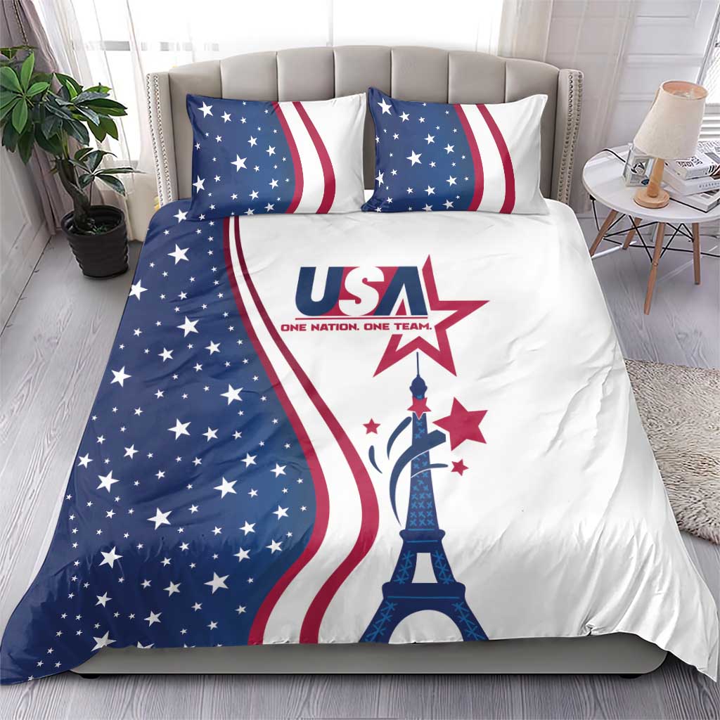 USA-themed bedding set with white and navy Eiffel Tower design, matching star-and-stripe pillows