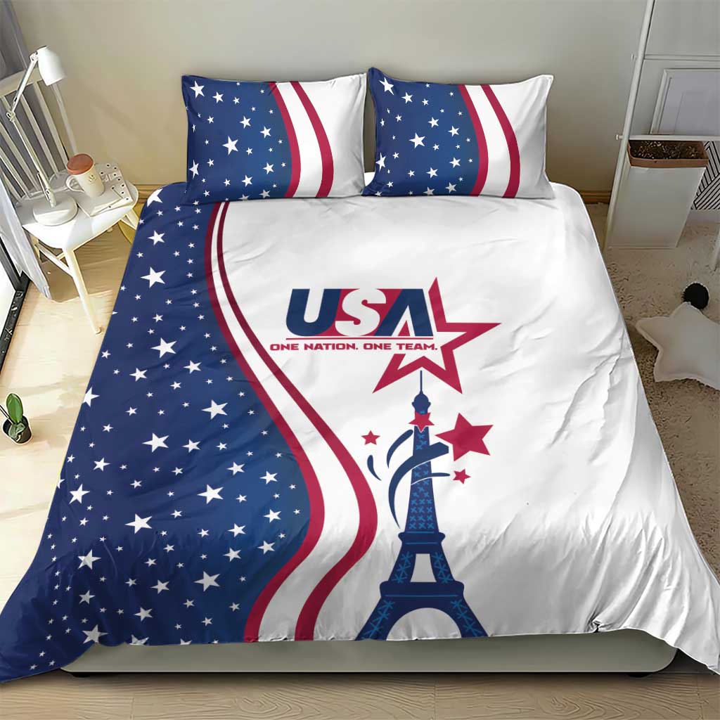 White and navy duvet with USA emblem, Eiffel Tower graphic, and coordinated star-stripe pillows