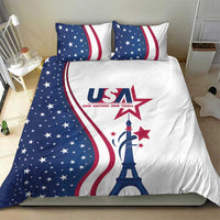 White and navy duvet with USA emblem, Eiffel Tower graphic, and coordinated star-stripe pillows