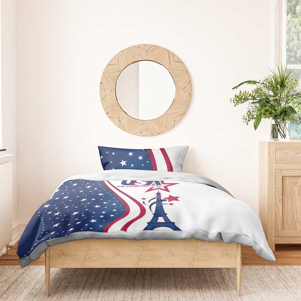 Navy and white bedding set featuring Eiffel Tower artwork and red star-and-stripe panel
