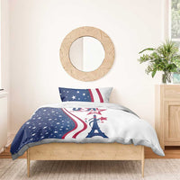 Navy and white bedding set featuring Eiffel Tower artwork and red star-and-stripe panel