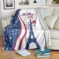 USA-themed blanket with Eiffel Tower graphic and star-spangled flag design, white and blue