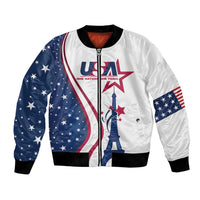 White bomber jacket with blue stars sleeve, USA print, zip front, ribbed cuffs