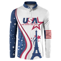 White button sweatshirt with blue collar, USA flag print and Eiffel Tower graphic.