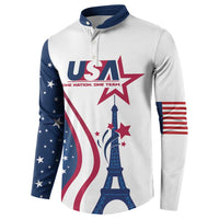 White and navy button sweatshirt with USA flag design, Eiffel Tower and star details.