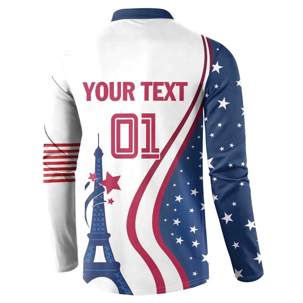 White and navy button sweatshirt back with 'YOUR TEXT 01' and star-spangled USA sleeve.