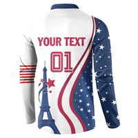 White and navy button sweatshirt back with 'YOUR TEXT 01' and star-spangled USA sleeve.