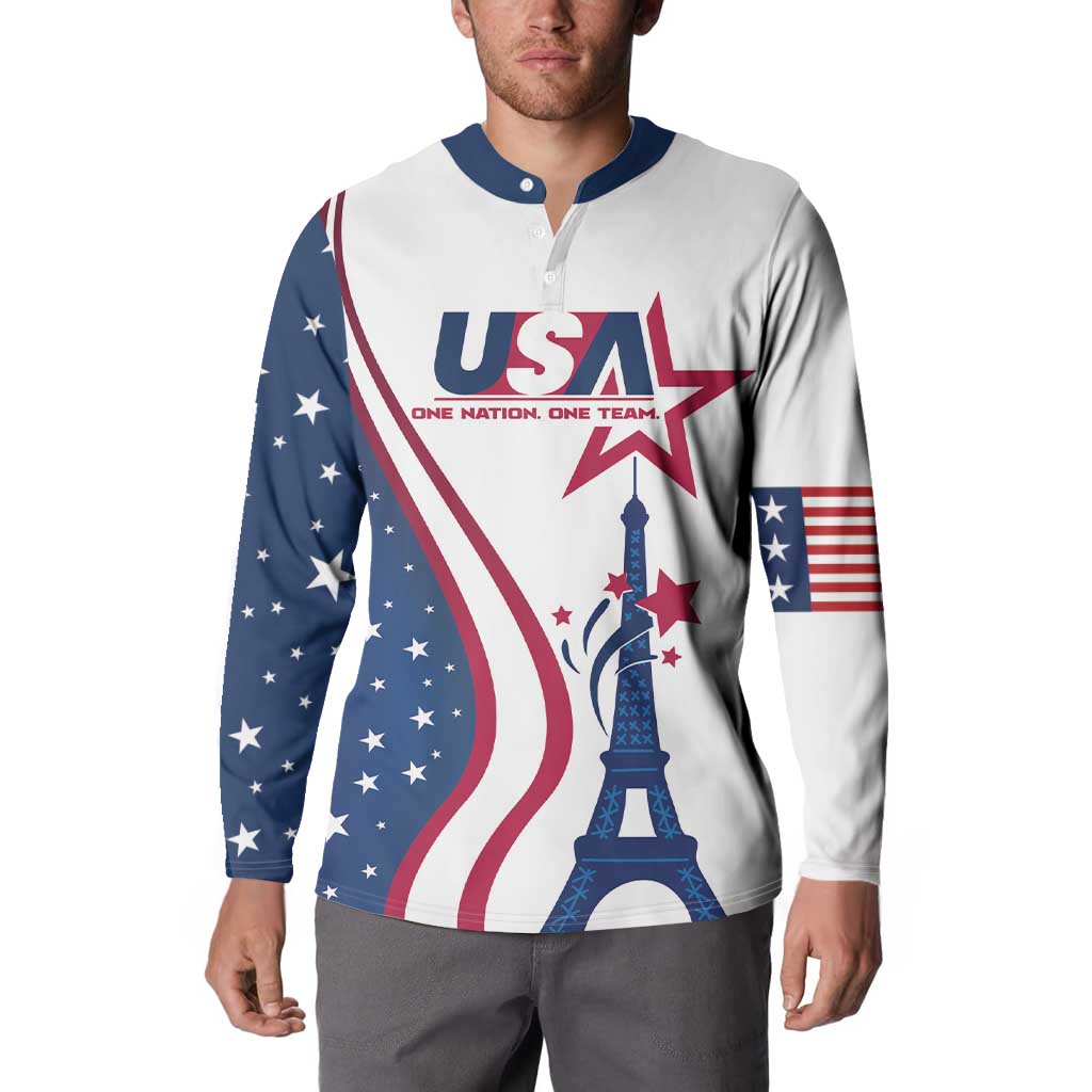 White and navy long-sleeve button sweatshirt with USA flag graphic and Eiffel Tower.