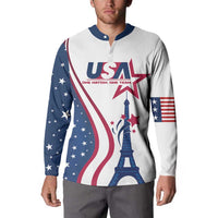 White and navy long-sleeve button sweatshirt with USA flag graphic and Eiffel Tower.