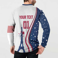 White and navy button sweatshirt back: 'YOUR TEXT 01' over USA flag and Eiffel Tower.