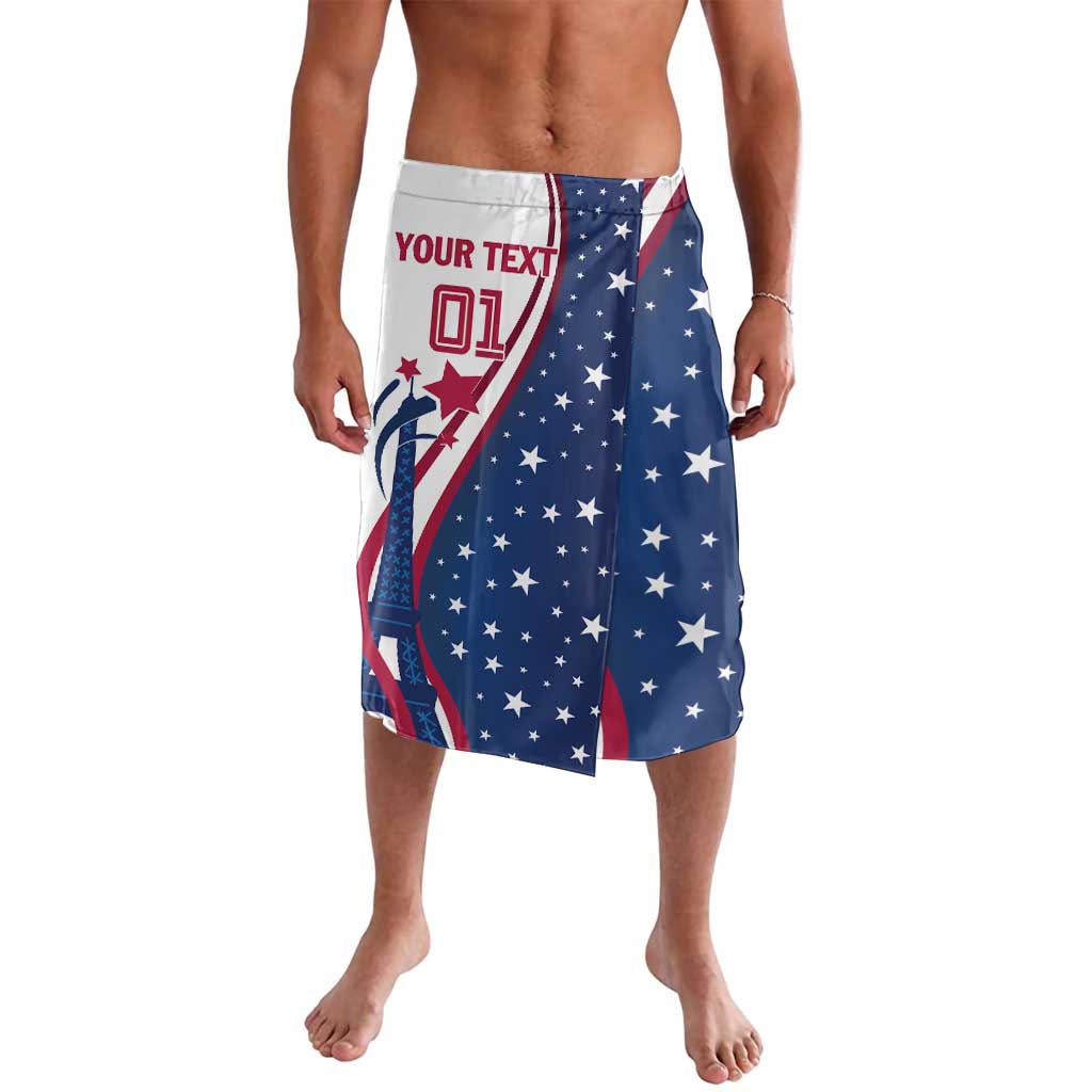 Patriotic graphic sarong shorts in navy with stars, red stripes, and red “YOUR TEXT”