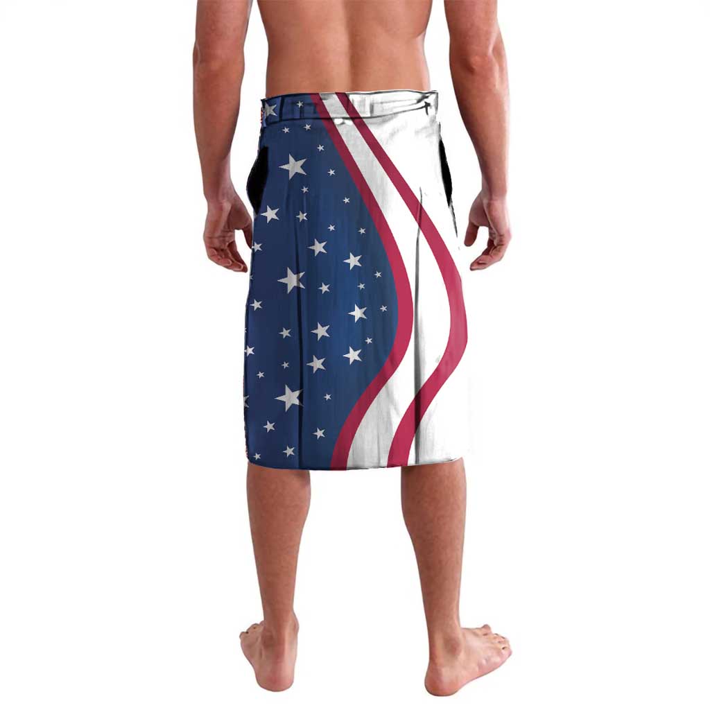 Patriotic graphic sarong shorts back view in navy with stars and red-and-white stripes