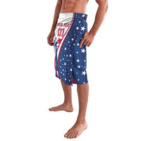 Patriotic graphic sarong shorts in navy with stars, red stripes, and partial “YOUR TEXT”