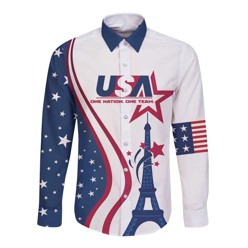 White long-sleeve button shirt with blue/red Eiffel Tower and USA front graphic
