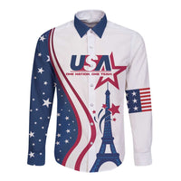 White long-sleeve button shirt with blue/red Eiffel Tower and USA front graphic