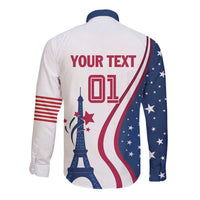 White long-sleeve button shirt with blue/red Eiffel Tower back graphic and stars stripes