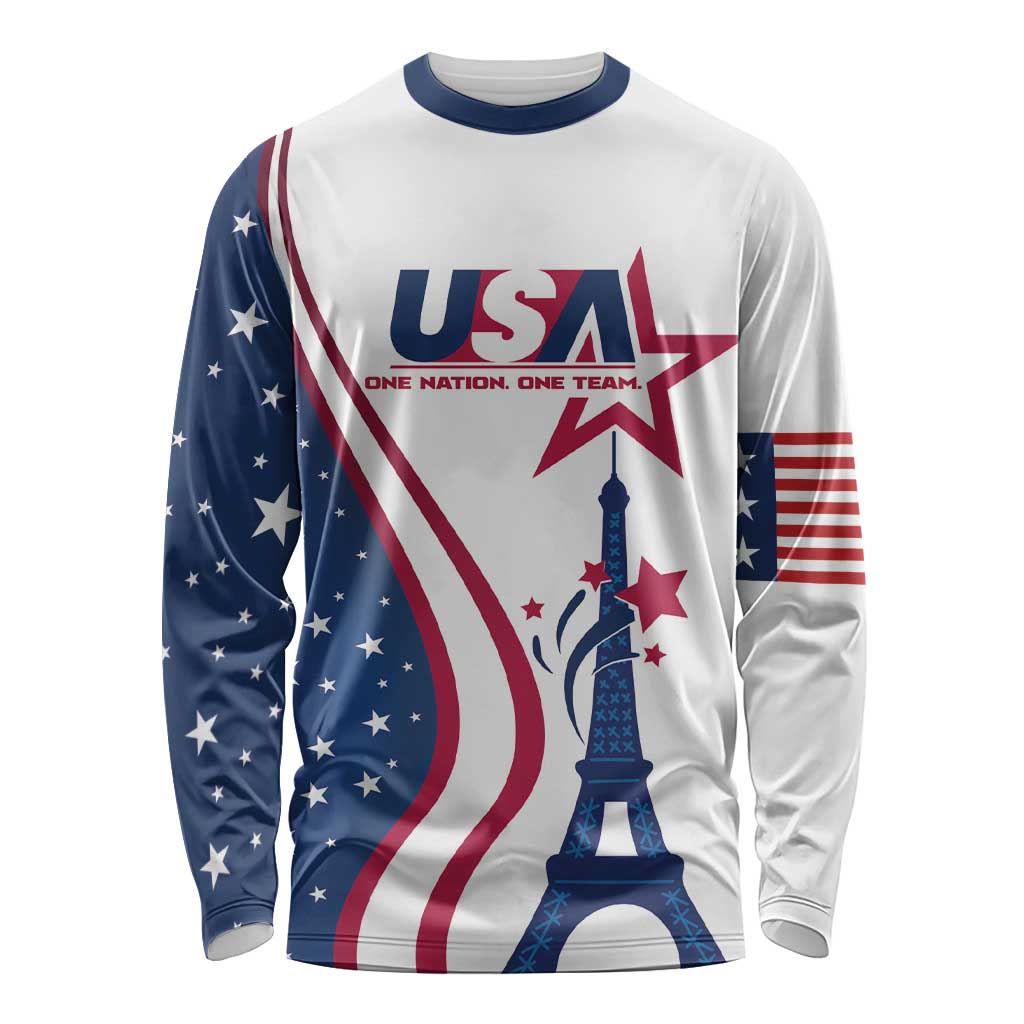 White unisex long sleeve shirt with USA and Eiffel Tower graphic, stars-stripes front