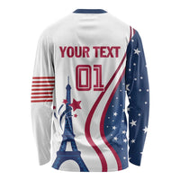 White unisex long sleeve shirt with Eiffel Tower, stars-stripes and custom text on back