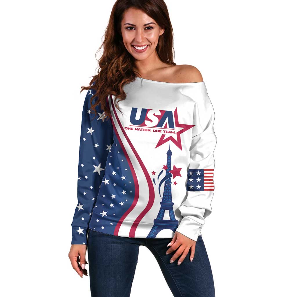 Custom USA Eiffel Tower Off Shoulder Sweater One Nation One Team - Wonder Print Shop