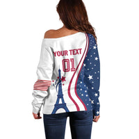 Women’s off-shoulder sweater, white back with 'YOUR TEXT' and 01 Eiffel graphic