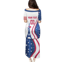 White long dress with blue/red USA flag print and 'YOUR TEXT' back graphic, Eiffel Tower