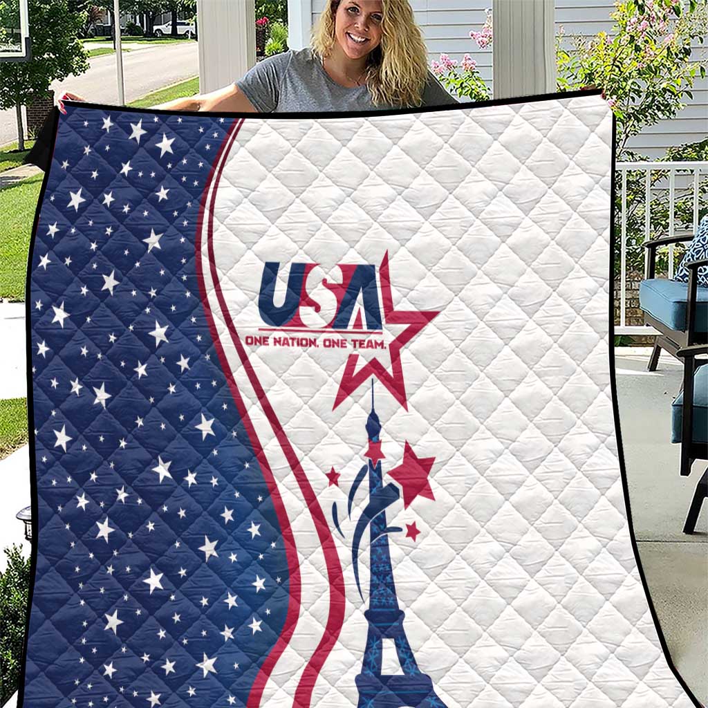 USA-themed quilt with blue star panel, white panel, red stripes, Eiffel Tower graphic