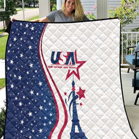 USA-themed quilt with blue star panel, white panel, red stripes, Eiffel Tower graphic