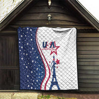 USA-themed quilt hanging on a wooden porch, blue star side, white side, red stripe accents