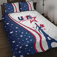 Quilt bed set with blue-and-white USA flag design, Eiffel Tower and stars