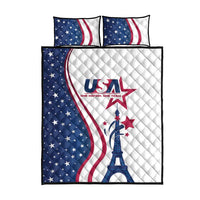 Quilt and pillow set with blue USA flag waves, Eiffel Tower and star graphics
