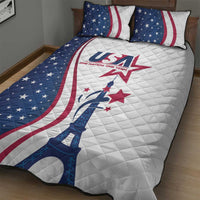 Quilt bed set with white top panel, blue flag waves, Eiffel Tower and stars