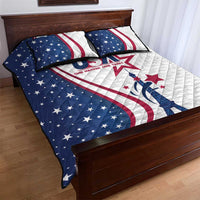 Quilt bed set with blue-and-white USA flag pattern, Eiffel Tower and red star graphic