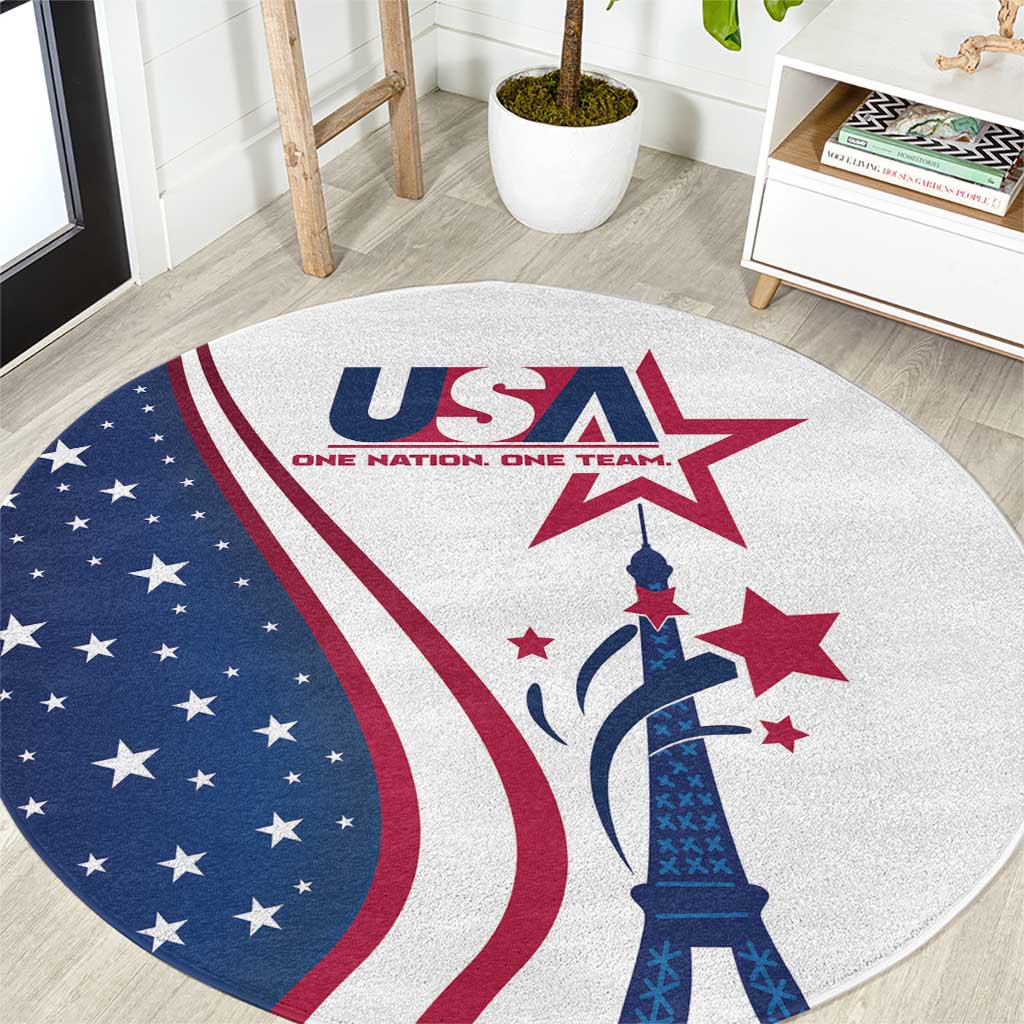 Round USA Eiffel Tower carpet, white base with navy-red stripes and patriotic star design