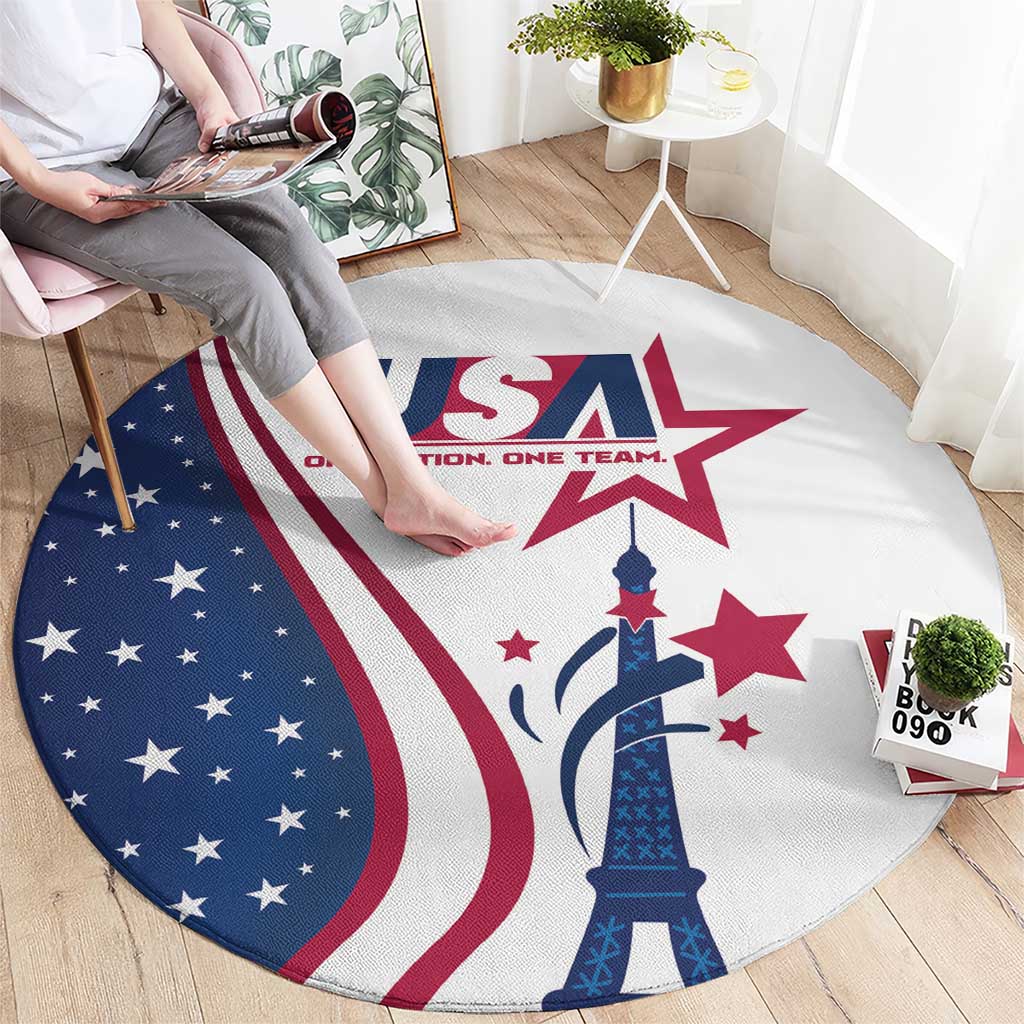 Round USA-themed carpet with Eiffel Tower graphic and red-white-blue stars stripes on white