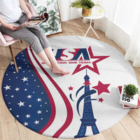 Round USA-themed carpet with Eiffel Tower graphic and red-white-blue stars stripes on white