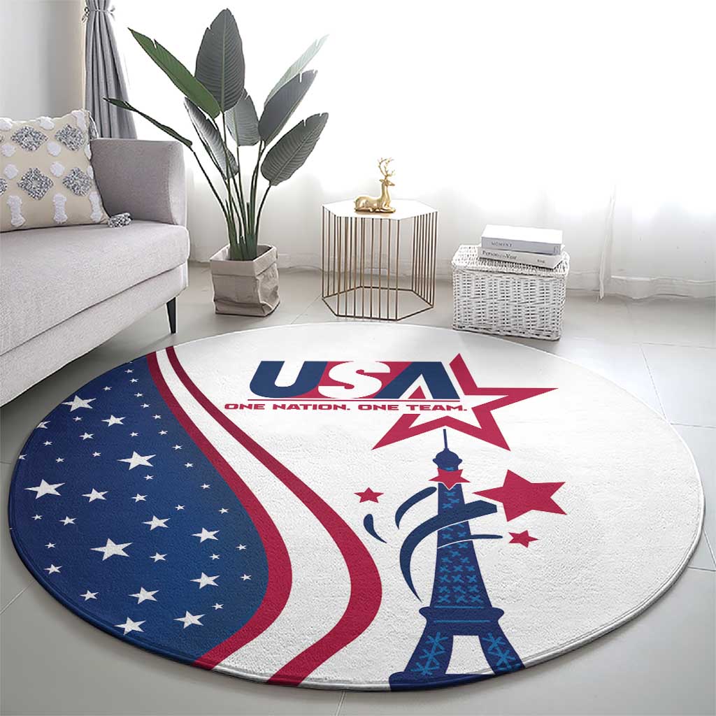 Round white USA carpet with Eiffel Tower art, star details, and red-blue patriotic stripes