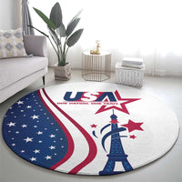 Round white USA carpet with Eiffel Tower art, star details, and red-blue patriotic stripes