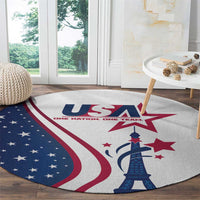 Round USA carpet featuring Eiffel Tower, star accents, and red-blue stripes on white background