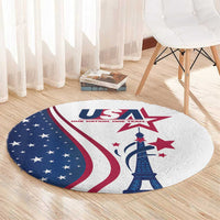 Round USA carpet with Eiffel Tower silhouette, stars, and red-white-blue stripes on white