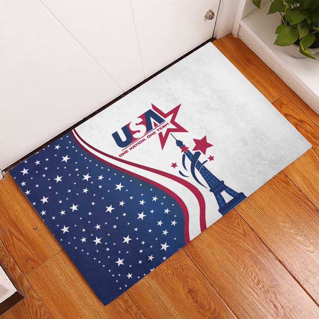 Rubber doormat with Eiffel Tower and USA flag design, white background with navy stars