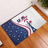 Rubber doormat with Eiffel Tower and USA flag design, white background with navy stars