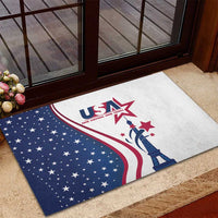 Rubber doormat with USA Eiffel Tower graphic on white and navy star design