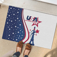 Rubber doormat featuring USA logo, Eiffel Tower silhouette, and stars on navy and white