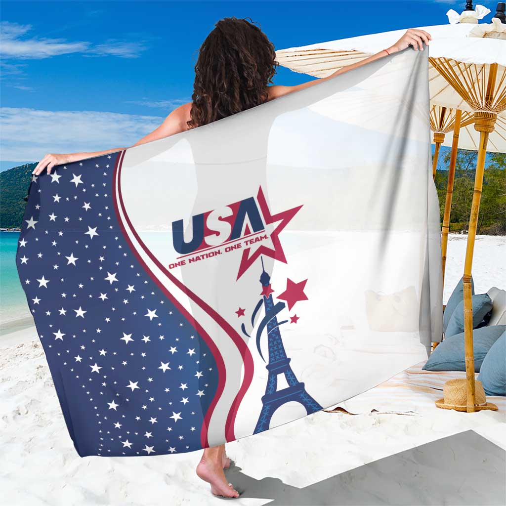 White USA-themed sarong with stars, red stripes, and Eiffel Tower graphic