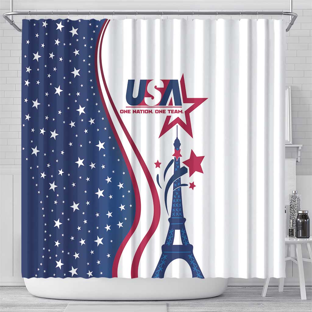 Eiffel Tower shower curtain with USA logo, stars, and blue-white striped arch