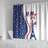 Eiffel Tower shower curtain, blue stars and white panels with USA logo and tower