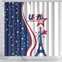 Eiffel Tower shower curtain with USA star text, red stripes, and blue tower art